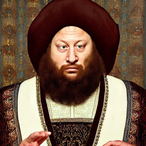 Prompt: portrait of Action Bronson as a medieval Albanian baron, by Kehinde Wiley, Gentile Bellini, and Annie Leibovitz. HD face portrait.