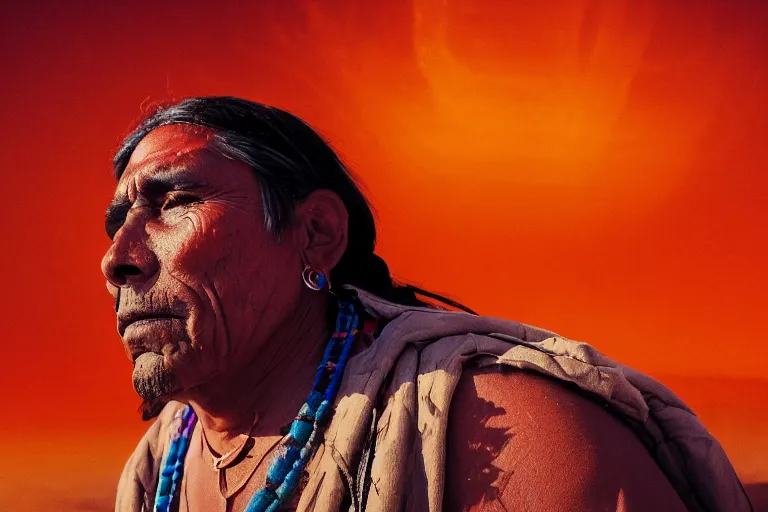 Prompt: picture spiritual native american man on mars looking to the sky, close up photo, realism, photograph, vibrant colors, red lighting, mist, smoke,