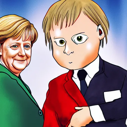 Image similar to Angela Merkel holding hands with Eminem, digital art, anime