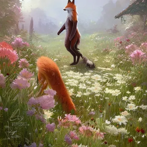 Image similar to a fox surrounded by beautiful flowers, by stanley lau and greg rutkowski