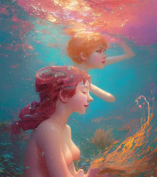 Prompt: harmony golden glimmering mermaid brown haired cute yoongi, under water swimming, colorful coral, muted colors, wlop, james jean, victo ngai, highly detailed, fantasy art by craig mullins, thomas kinkade