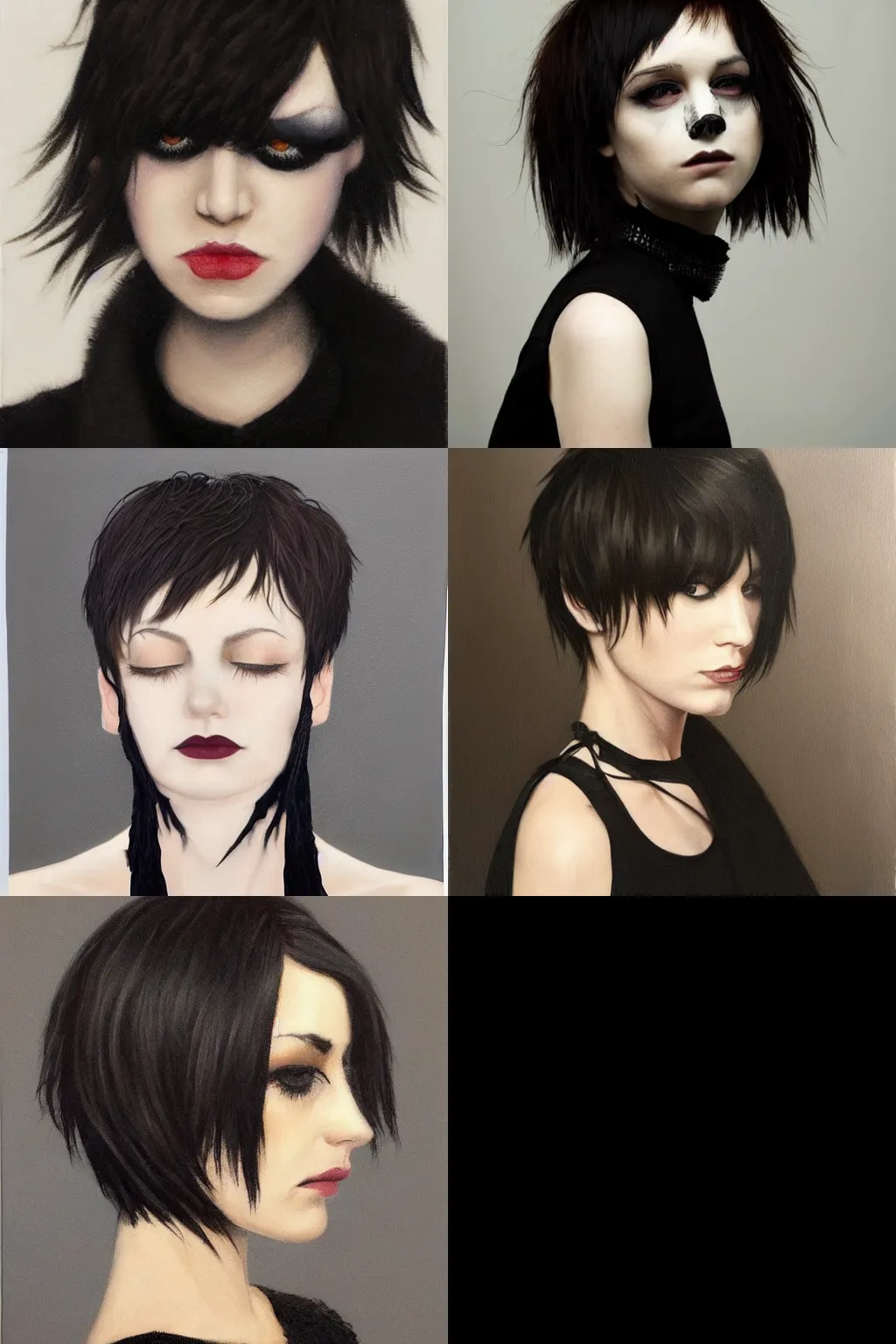 Prompt: an emo portrait by mary jane ansell. her hair is dark brown and cut into a short, messy pixie cut. she has a slightly rounded face, with a pointed chin, large entirely - black eyes, and a small nose. she is wearing a black tank top, a black leather jacket, a black knee - length skirt, and a black choker..