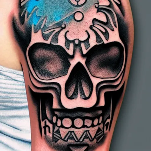 Image similar to tattoo design, stencil, tattoo stencil, traditional, a world famous tattoo of a geometric skull with a galaxy coming out of the top of its head-s 100