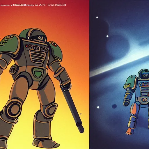 Prompt: space marine, retrofuturist, studio ghibli, illustration