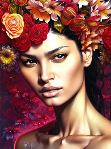 Image similar to a portrait of latina supermodel with a floral background by karol bak, artgerm, moebius, yoji shinkawa : : portrait, illustration, photorealism, hyperrealism