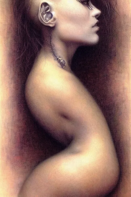 Image similar to portrait of young female, front view, black short hairs, tattoo, fantasy, intricate, jean delville, luis royo, beksinski