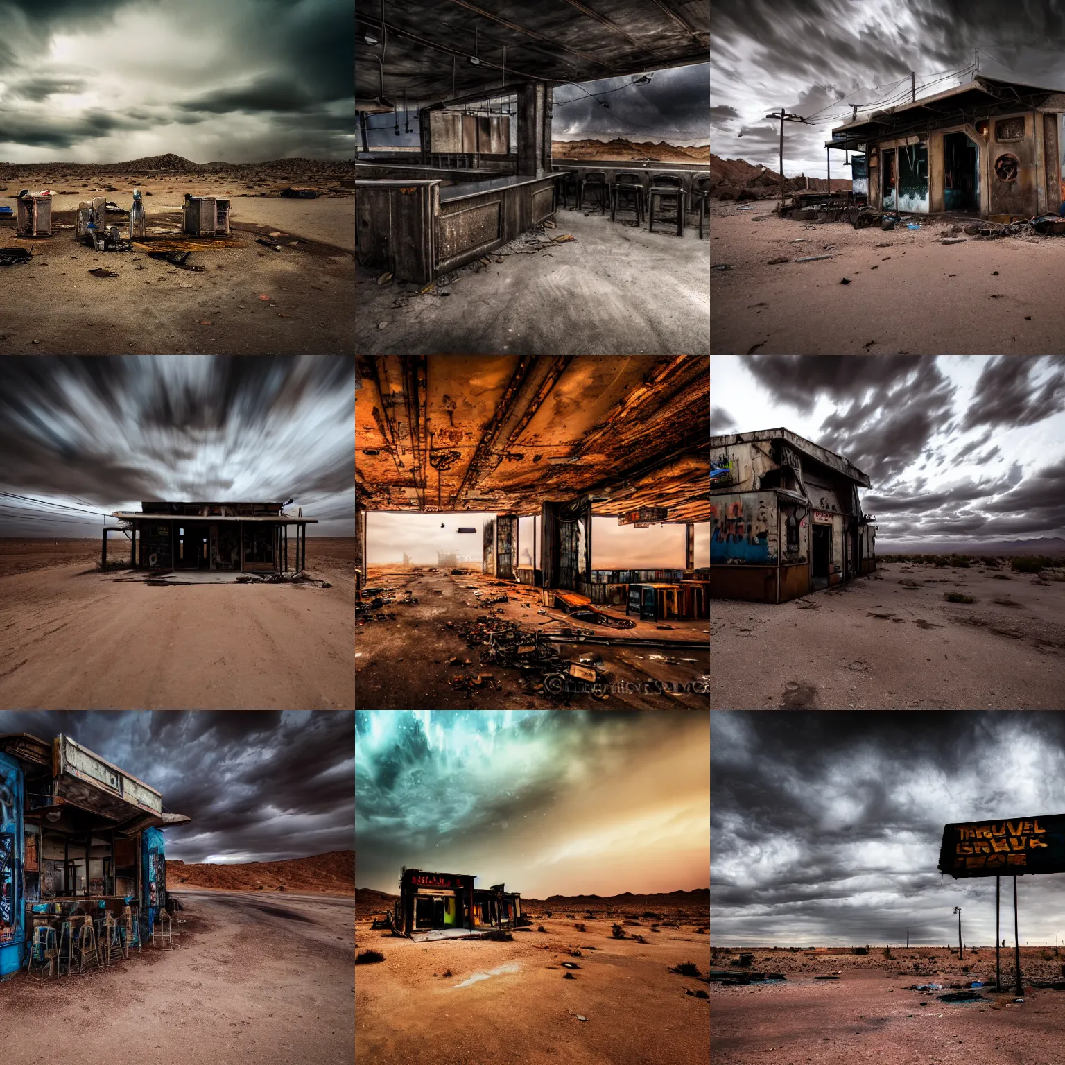 Prompt: travel photography, an abandoned cyberpunk bar made of scrap metal and scrap wood in the desert of a gloomy alien planet, motion blur, ominous skies, upscaled to 4 k