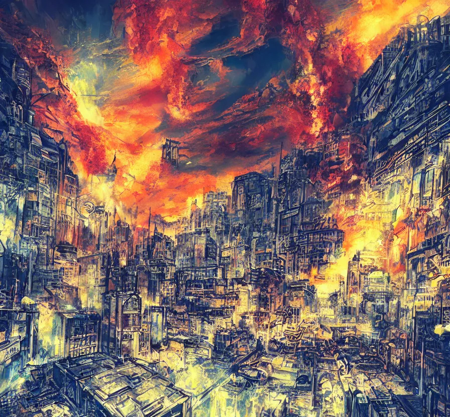 Image similar to nuclear explosion in big city, acrilic paint, abstract, digital, artstation, detailed, intricate ink, illustration, heavenly atmosphere, digital art, over detailed art, conceptart