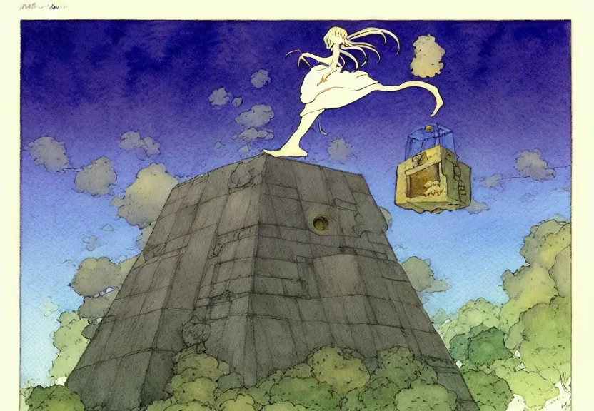 Prompt: a simple watercolor fantasy concept art of a giant dark grey cube floating in the air. by studio ghibli, rebecca guay, michael kaluta, charles vess