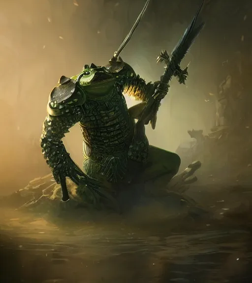 Image similar to a frog knight holding a shield, battle armor, atmospheric lighting painted intricate volumetric lighting, beautiful, sharp focus, ultra detailed by leesha hannigan, ross tran, thierry doizon, kai carpenter, ignacio fernandez rios