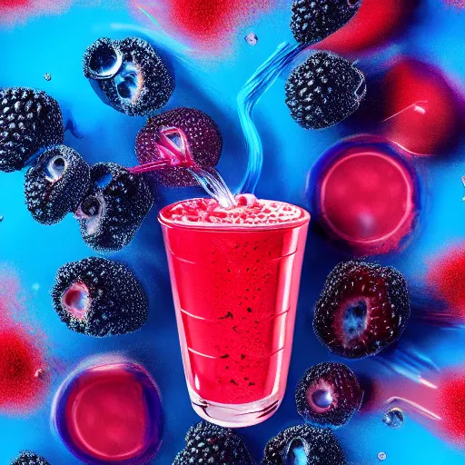 Prompt: raspberry, blueberry, vanilla smoothie explosion, intricate complexity, red white and blue neon drip paint, trending on art station, photoreal, 8 k, octane render