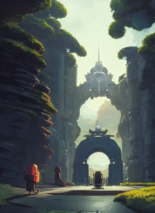 Image similar to warm canyon with giant gate entrance, nuclear powered, detailed, futuristic, cory loftis, james gilleard, atey ghailan, makoto shinkai, goro fujita, studio ghibli, rim light, exquisite lighting, clear focus, very coherent, plain background