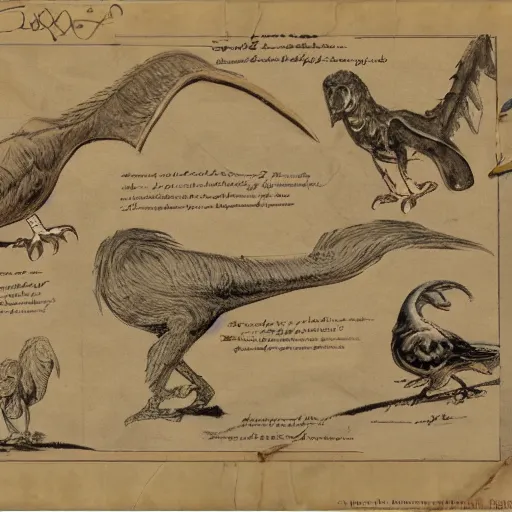 Image similar to vintage parchment with a sketch of a group of feathered dinosaurs with full descriptions, 8K, HD, highly detailed, high quality