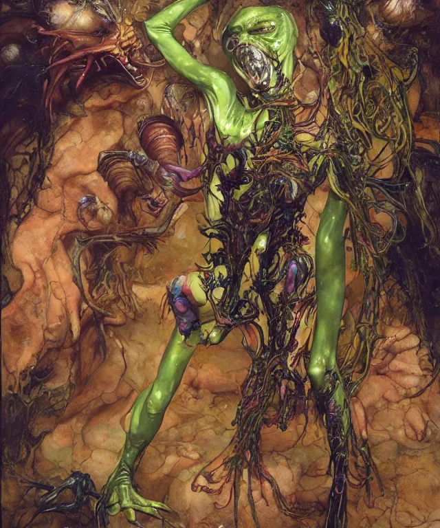 Prompt: a portrait photograph of a mutated alien super villian with slimy skin and wings. she looks like sadie sink and is trying on a colorful infected bulbous shiny organic catsuit. by donato giancola, hans holbein, walton ford, gaston bussiere, peter mohrbacher and brian froud. 8 k, cgsociety, fashion editorial