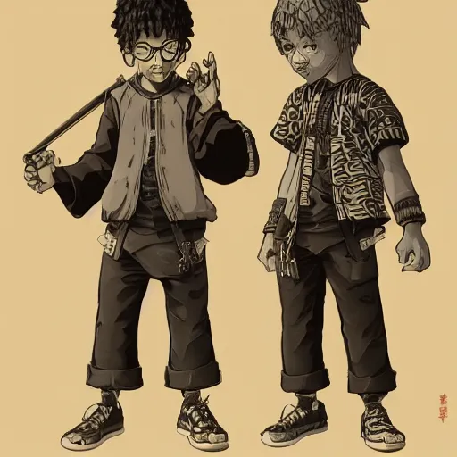 Image similar to rpg character concept art, twin brothers being cute and gangsta, intricate detail, in the style of jamie hewlett kawase hasui riyoko ikeda, 3 d render, artstation trending, 8 k, octane render, photorealistic, sharp detail, manga, black and white