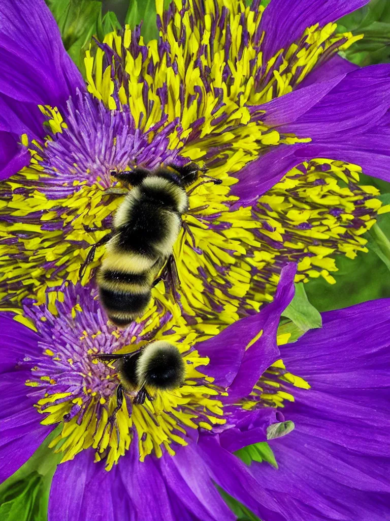 Image similar to bumble bee flying through glowing ring landing on a purple dahlia, hyper-detailed, digital art, artist Bev Dolittle