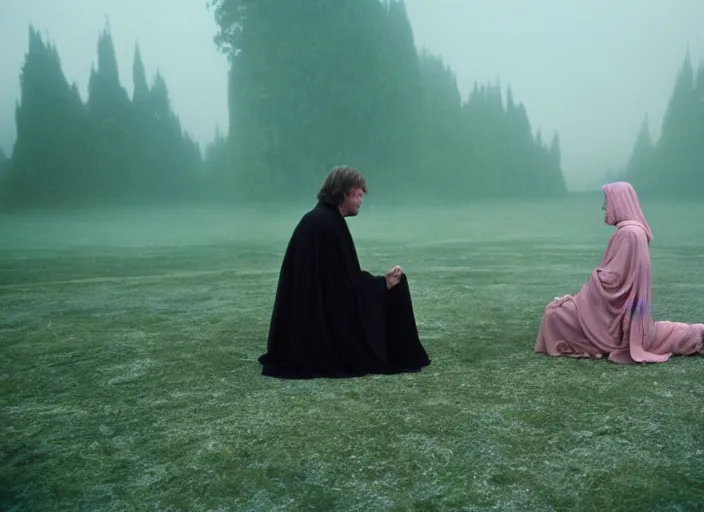 Image similar to Luke skywalker kneels before a strange jedi oracle, a mystic with infinite knowledge of time. in a foggy pink land. still from the 1983 film directed Stanley Kubrick, Photographed with Leica Summilux-M 24 mm lens, ISO 100, f/8, Portra 400