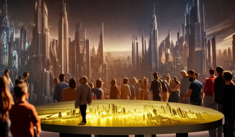 Prompt: crowd of people in large open museum, looking at hologram of futuristic metropolis on a table, cinematic concept art, godrays, golden hour, natural sunlight, 4 k, clear details, tabletop model buildings, center model buildings, hologram center, crane shot, wide shot, high shot