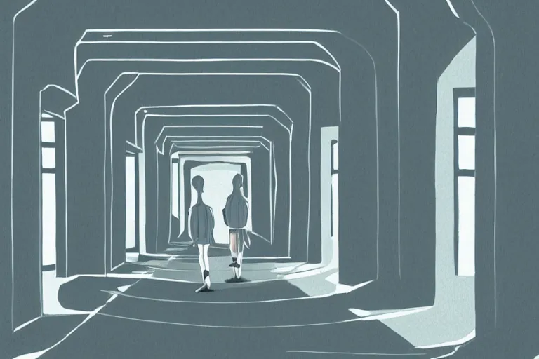 Prompt: scary ginger twin girls standing in an endless hallway, illustration, cute but scary, digital art, unique, trending on artstation, artistic, symmetrical, inspired by wes anderson