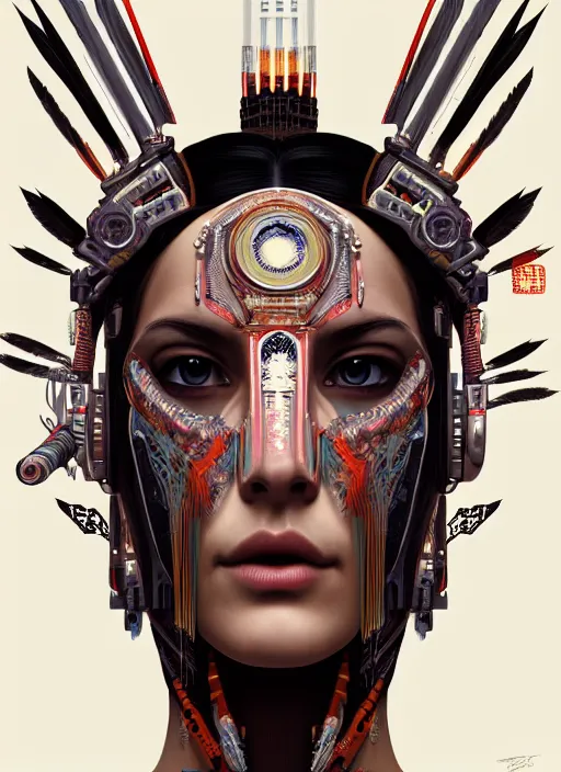 Image similar to portrait of a cyberpunk machine, machine face, upper half portrait, decorated with feathers, native american, fine china, traditional chinese art, intricate, elegant, highly detailed, headpiece, digital painting, artstation, concept art, smooth, sharp focus, illustration, art by artgerm and greg rutkowski and alphonse mucha, 8 k