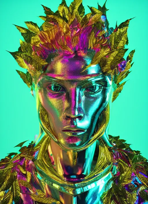 Prompt: hyper detailed ultra sharp portrait of baroque and bladerunner delicate neon ruby sculpture of seductive albino primce royce tigers orange iridescent humanoid deity wearing metallic hoody made out of leaves holding the sun prismatic dungeon, glowing rainbow face, crown of white diamonds, cinematic lighting, photorealistic, octane render 8 k depth of field 3 d