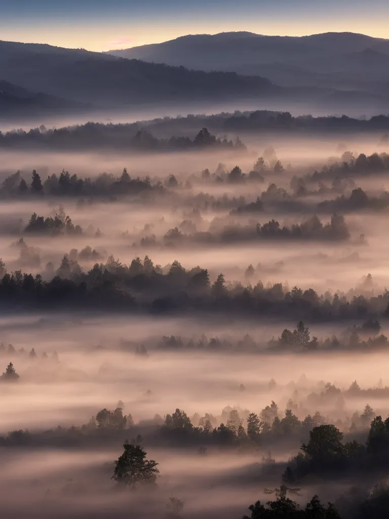 Prompt: landscape photography of foggy morning over the hills, golden hour, hyper realistic,