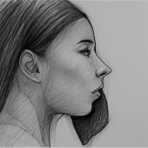 Image similar to drawing of a beautiful young woman that is about to bite into a banana, pencil sketch, profile, side view, close camera