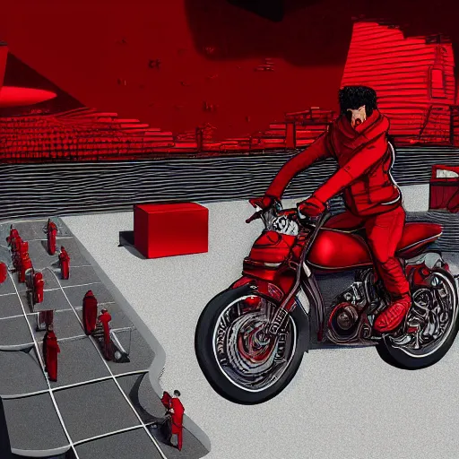 Prompt: man with a red jacket walking toward a red futuristic racing motorbike, isometric view, ink drawing, panoramic view, wide angle, ultra realistic, intricate details, cyberpunk, ultra detailed, sharp focus, trending on artstation