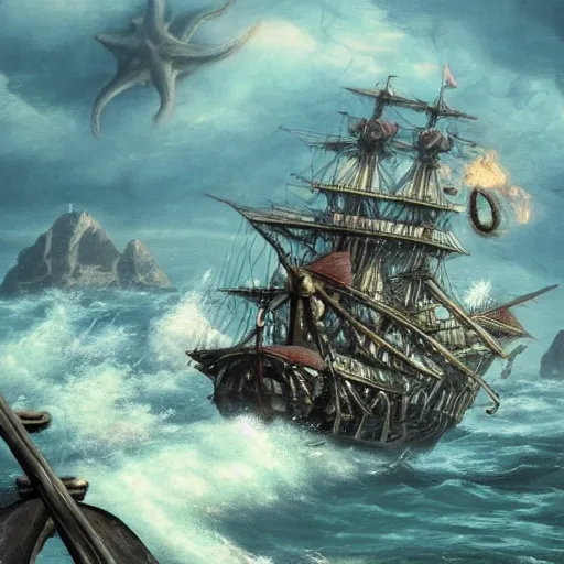 Prompt: a sea kraken attacking a galleon