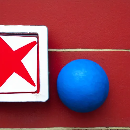 Prompt: a red box and a blue ball and a green pyramid