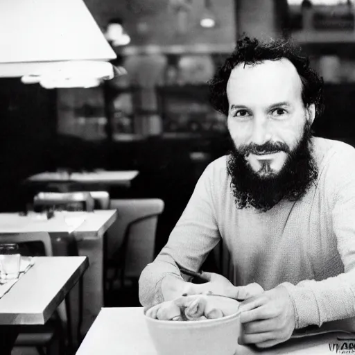 Prompt: photo from the year 1 9 8 5 of a frenchman from france seated in a restaurant. 5 0 mm, studio lighting