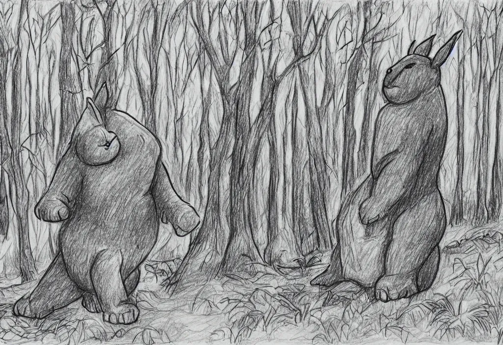 Image similar to drawing of a sighting of big chungus in a forest, award winning drawing, high detail