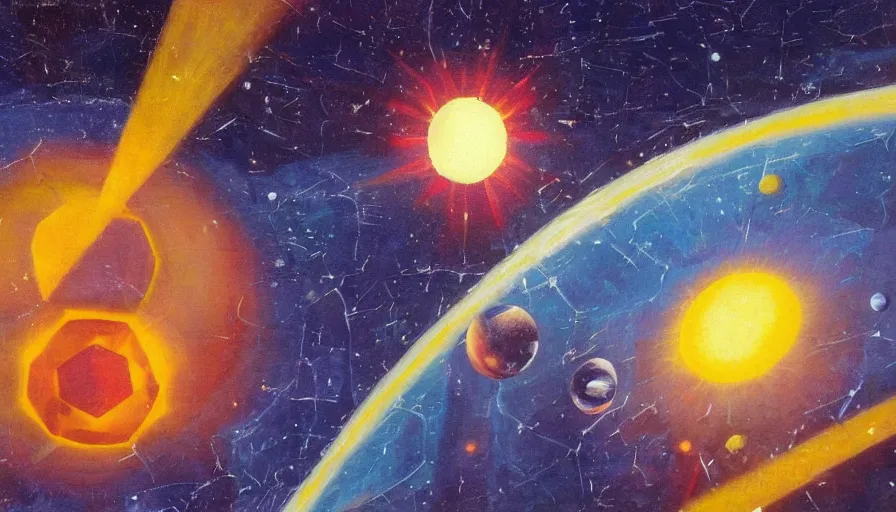 Image similar to the sun being blocked by a hexagon in space, planet earth in the foreground, art deco painting