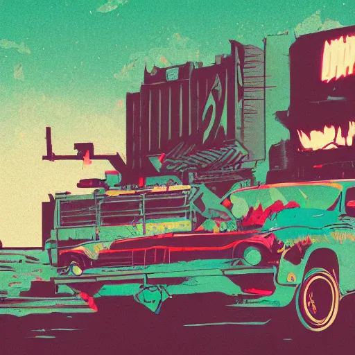 Image similar to a colorful comic noir illustration of a mad max scene in a post - apocalyptic city decaying in the desert by queens of the stone age, by sachin teng, dark vibes, pastel lighting, cinematic, depth of field, 8 k, high contrast