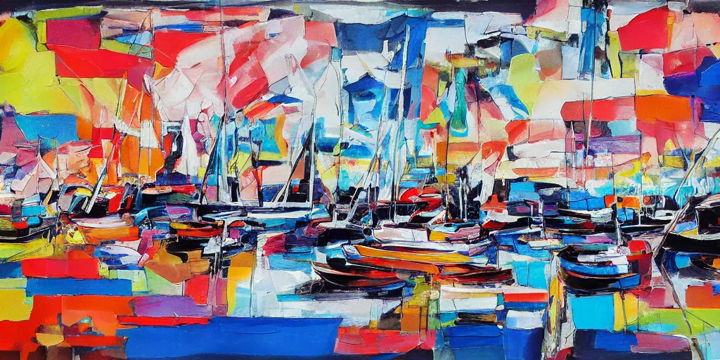 Image similar to abstract maximalist painting, interesting relationship within the composition, gestural lines, maximalism, boats at harbor, white sketchbook style, paint on canvas, power washed texture, masterpiece,