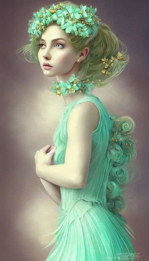 Image similar to Portrait of dreamy and ethereal women with light green eyes wearing mint green ornate frilly dress, peaceful expression, fantasy, intricate, elegant, beautiful, digital art, beautiful dynamic lighting, golden ratio, highly detailed, digital painting, trending on artstation, concept art, smooth, sharp focus, illustration, photo realistic, art by artgerm and greg rutkowski and alphonse mucha 8K