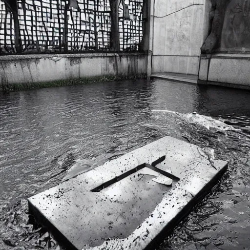 Image similar to The kinetic sculpture shows a grave that has been flooded with water. The grave is located in a cemetery in Italy. The water in the grave is dirty and there is trash floating in it. The grave is surrounded by a fence. cyberpunk by Zaha Hadid, by Tibor Nagy balmy