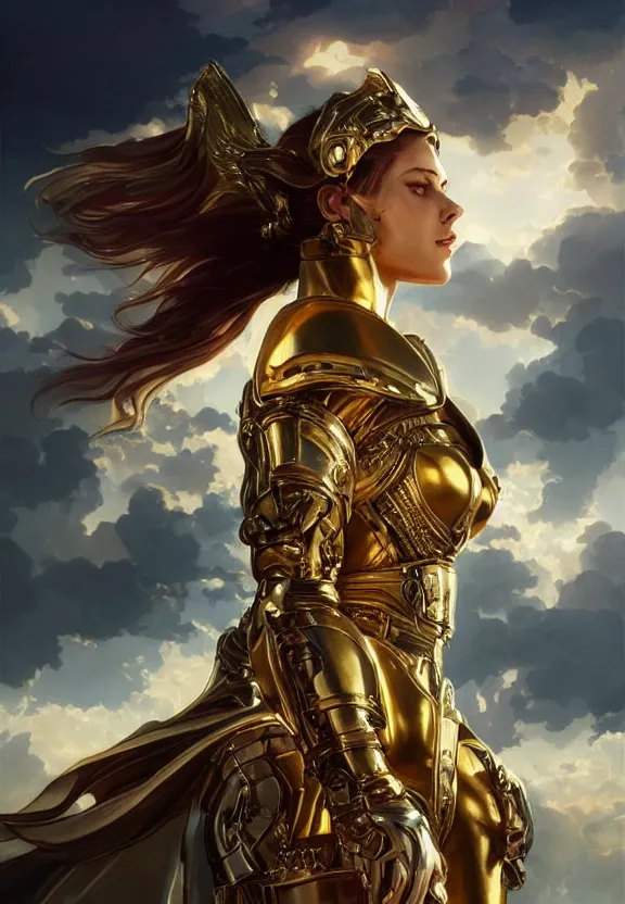 Prompt: A beautiful fierce angel wearing metallic battle armor, posing among heavenly sunlit clouds, close-up shot, intricate, elegant, digital painting, golden hour, cinematic, trending on artstation, concept art, smooth, sharp focus, illustration, art by artgerm and Greg Rutkowski and Alphonse Mucha