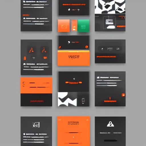 Image similar to modern UI/UX icons for an artistic website, black and orange colour palette, layout design, template sheet