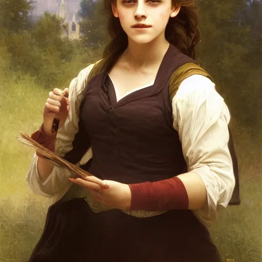 Prompt: Painting of Emma Watson as Hermione Granger. Green eyes. Art by william adolphe bouguereau. At night time. Extremely detailed. Beautiful. 4K. Award winning.