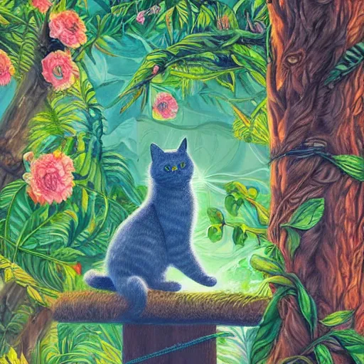 Image similar to cat in a beautiful city of the future in harmony with nature. Beautiful detailed painting by Lurid. (2022)