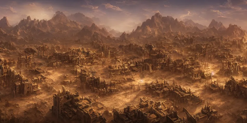 Image similar to Sprawling high fantasy thriving desert village, Cinematic Matte Painting, Insanely Detailed, Award Winning, Trending on Artstation, 8k, UHD