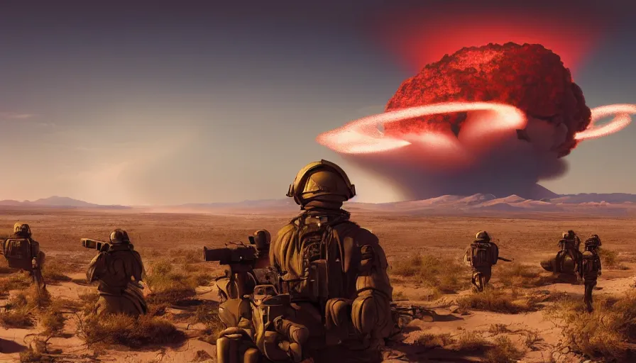 Image similar to troops on sand hill watching nuclear explosion on las vegas in the distance, nuclear cloud, hyperdetailed, artstation, cgsociety, 8 k