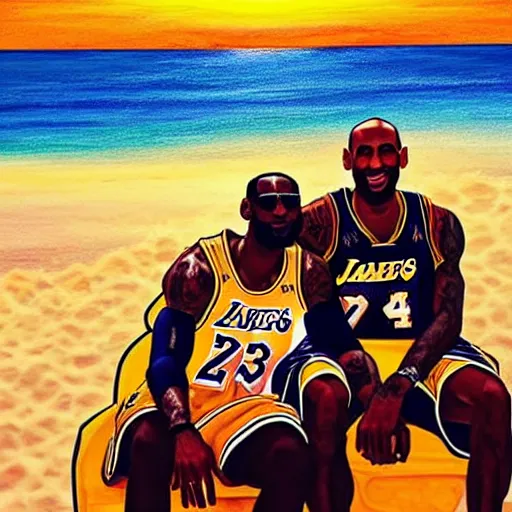 Prompt: lebron james and kobe bryant at the beach, golden hour, majestic painting, couple sitting facing the sunset, holding hands, 2 3, 2 5