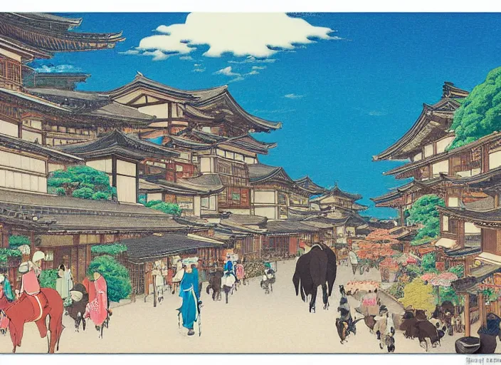 Prompt: japanese city with horses top view by studio ghibli painting, by ohara koson and thomas kinkade