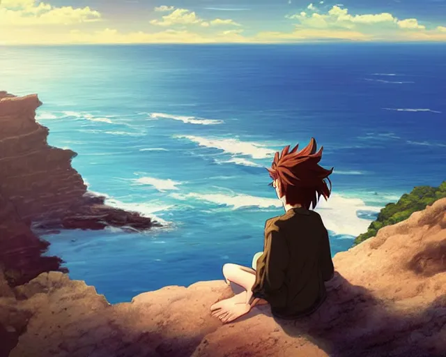 Image similar to a boy with brown hair and a girl with auburn hair sitting together on a cliff overlooking the ocean. Blue sea,, cliffside, sunset, atmospheric lighting, romantic, girl has long auburn hair. By Makoto Shinkai, Stanley Artgerm Lau, WLOP, Rossdraws, James Jean, Andrei Riabovitchev, Marc Simonetti, krenz cushart, Sakimichan, D&D trending on ArtStation, digital art.