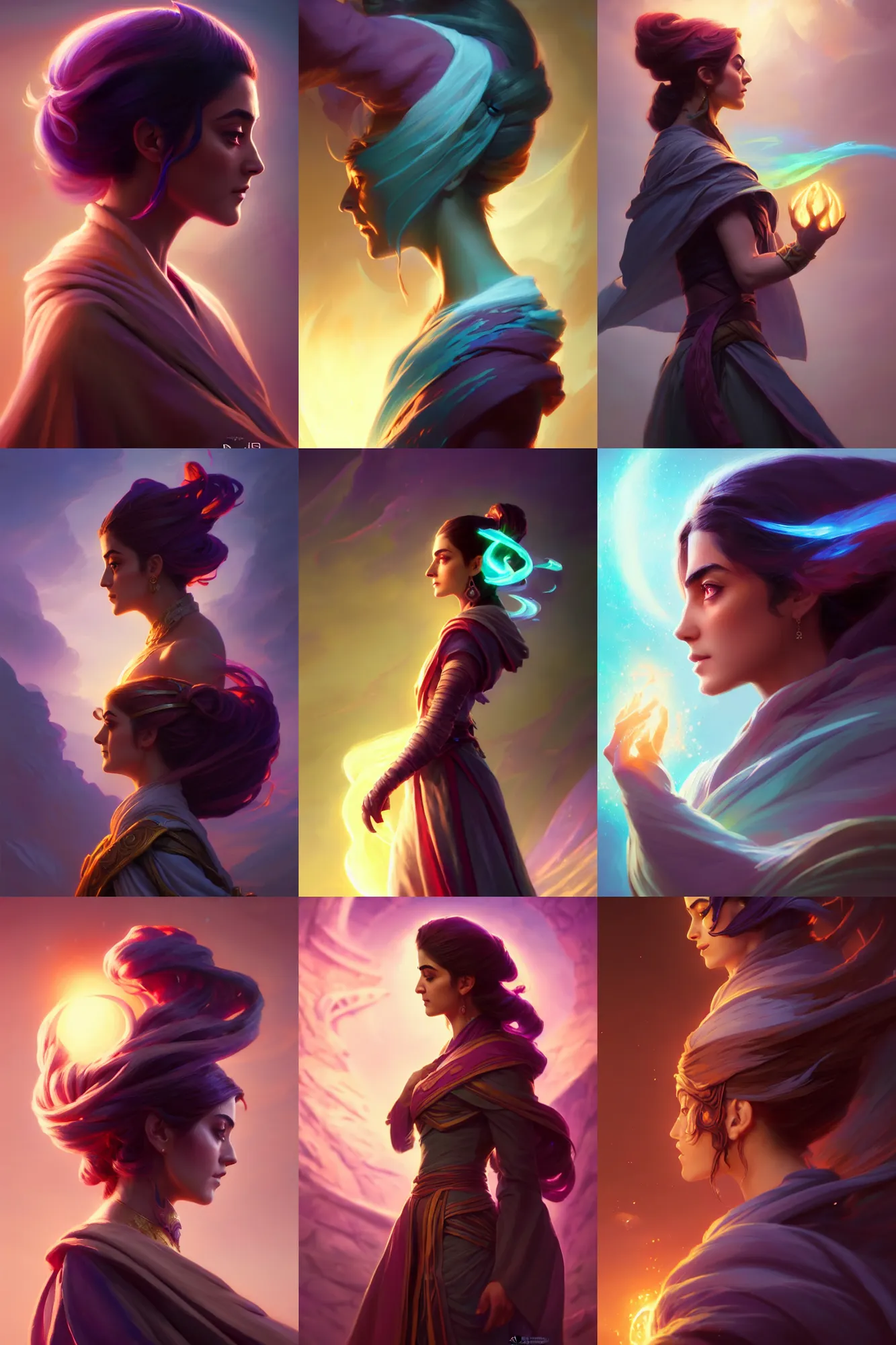 Prompt: side profile, maya ali, gloomhaven, wind sorcerer, dota 2 character, robes, octane render, elegant, smooth, bright backlit, colorful swirly magic ripples, pastel colors, by greg rutkowski, jesper ejsing, ilya kuvshinov, artgerm, mucha