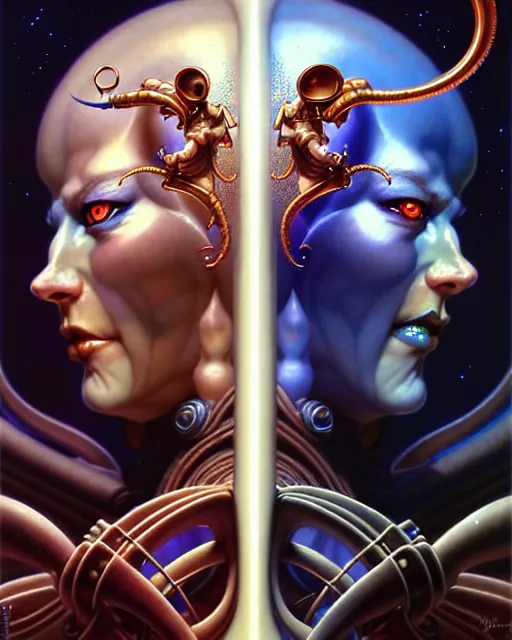 Image similar to beautiful gemini good and evil fantasy character portrait, ultra realistic, wide angle, intricate details, the fifth element artifacts, highly detailed by peter mohrbacher, hajime sorayama, wayne barlowe, boris vallejo, aaron horkey, gaston bussiere, craig mullins