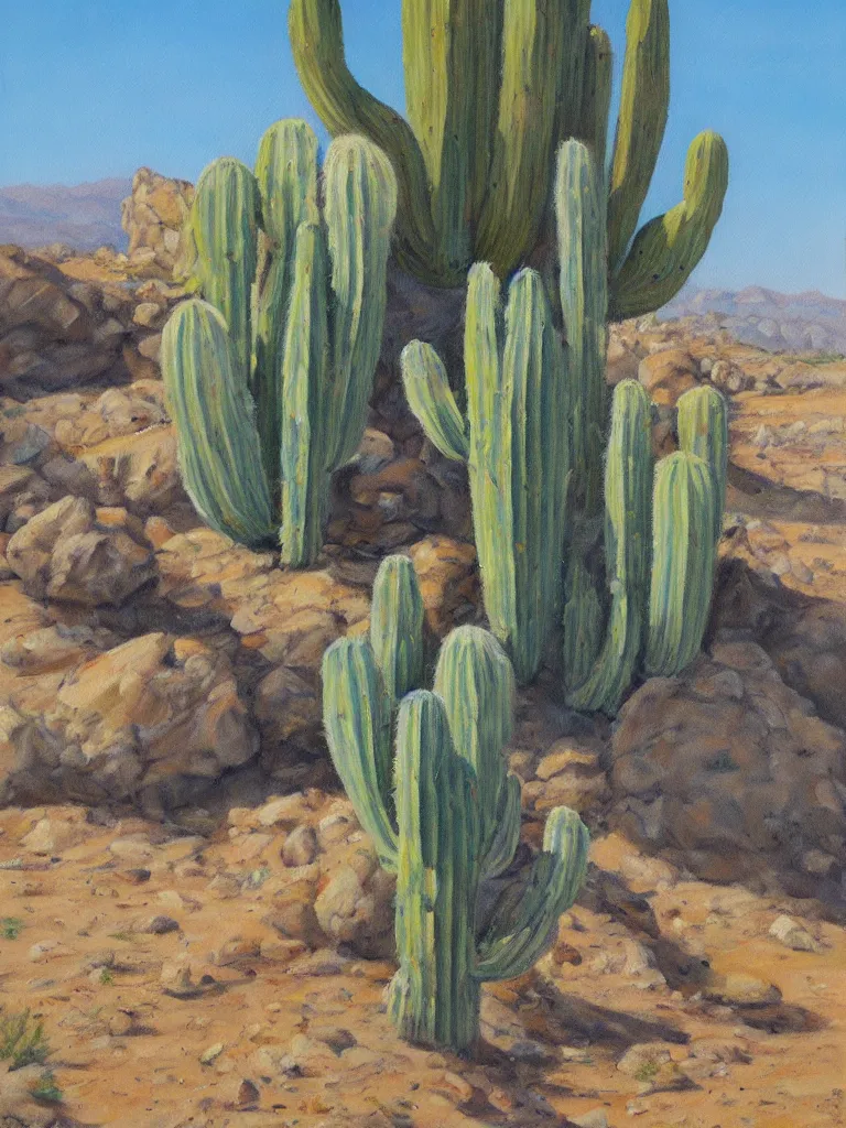 Image similar to beautiful oil painting a large cactus plant and rocks on the desert by Mark Maggiori