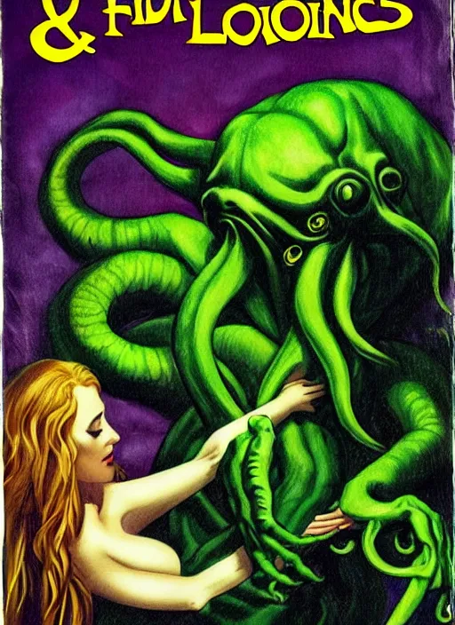 Image similar to mills and boon romance novel cover with cthulhu and fabio, they are in love